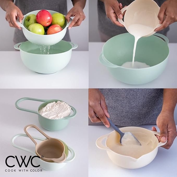 COOK WITH COLOR Nesting Bowls with Measuring Cups Colander and Sifter Set - Includes Mixing Bowls, Colander, Sifter and Measuring Cups, Mint, 8 Pc Bowl