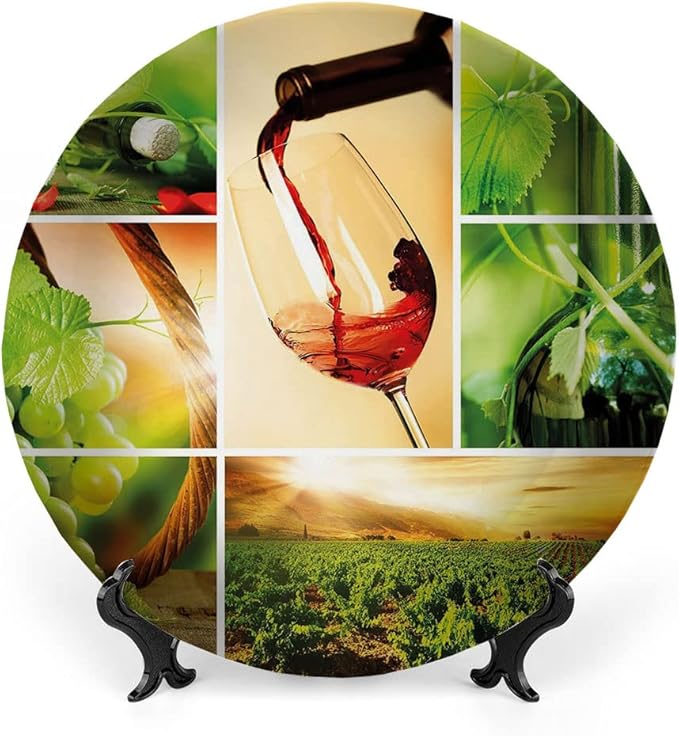 Ceramic Plates, Wine Decorative Ceramic Plates, Wine Tasting and Grapevine Collage Green Fresh, 7 Inch, for Dining, Parties, Wedding, Green Ruby Caramel