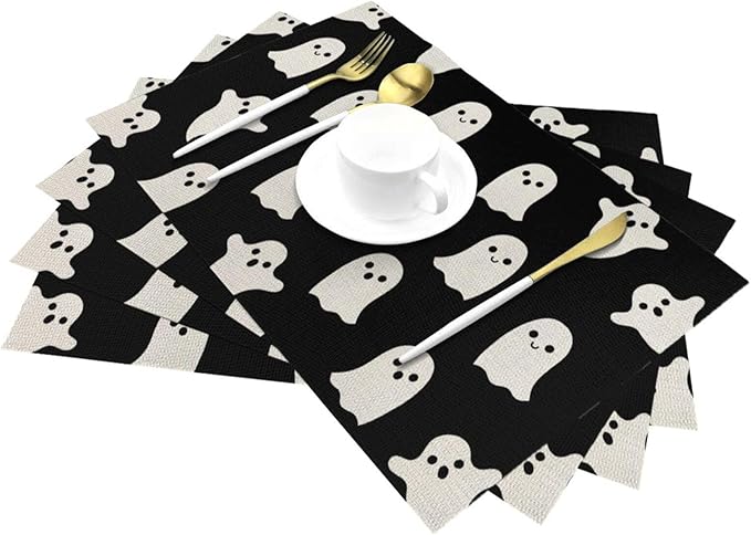 Halloween Placemats 12x18 Inches Set of 4,Black Beige Ghost Decorative Rectangle Autumn Halloween Decoration Black Ghost Table Mats for Party,Home Kitchen,Dining Table Decor