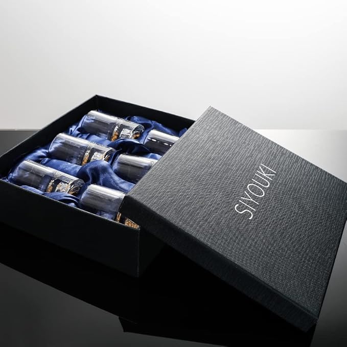 SIYOUKI Crystal Shot Glasses 1.7oz Set,Decorated With 24K Gold Leaf Flakes,Lead-Free,Handmade Set Suitable For MaoTai,Spirits,Drinks Tastin,Gift-Box Packaging (6pcs)