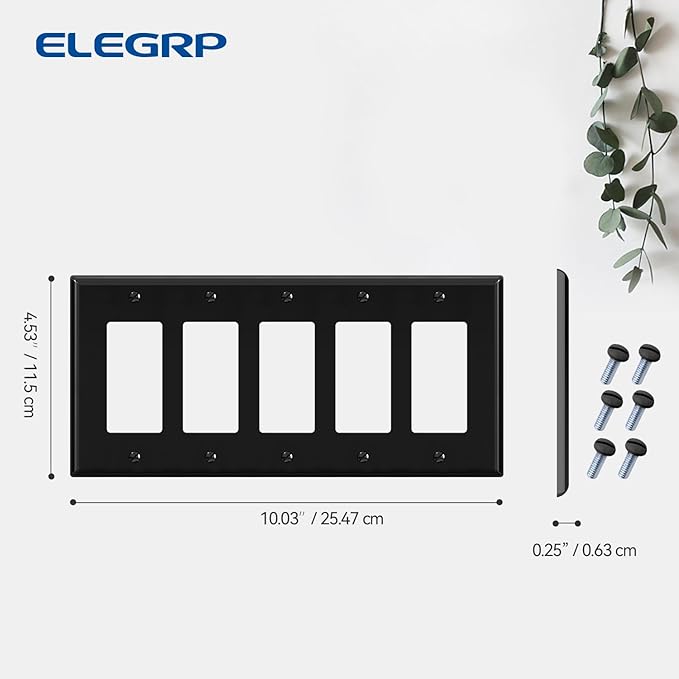 ELEGRP 5-Gang Decorative Wall Plates, Standard Size 4.52" H x 10.03" L Unbreakable Thermoplastic Faceplate Cover for Decorator Receptacle Outlet Switch, UL Listed (1 Pack, Glossy Black)