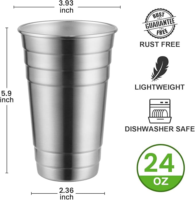 MEWAY Premium Stainless Steel Cups 24 oz Pint Cup Tumbler (4 Pack) - Premium Metal Cups - Stackable Durable Cup，Chilling Beer Glasses, for Travel, Outdoor, Camping