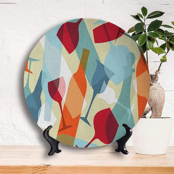Ceramic Plates, Wine Decorative Ceramic Plates, Modern Design Colorful Glasses Bottles Fun, 8 Inch, Household Plates Decorative, Pale Blue Ruby Orange