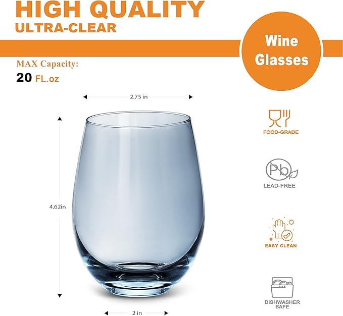 LUXU Wine Glasses Set of 4,20 oz Large Stemless Wine Glasses,Grey Juice Drinking Glasses,No Stem Glass Beverage Cups,All-Purpose Water Glasses for Ice Coffee,Tea,Red or White Wine