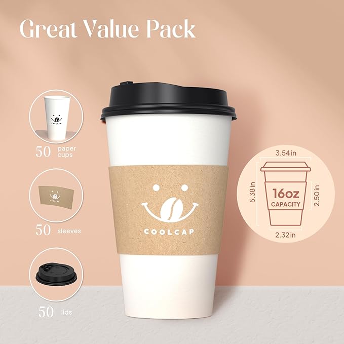 Coffee Cups with Lids and Sleeves, 16 oz 50 pack To Go Cups with Lids, Paper Hot Coffee Cups for Hot & Cold Beverage (White, 16 oz)