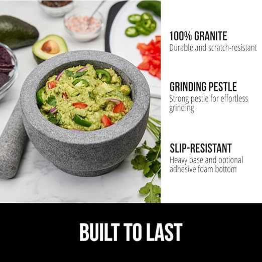 GORILLA GRIP Heavy Duty Mortar and Pestle Set with Slip Resistant Base, 100% Granite Stone Molcajete Guacamole Bowl, Grind Seeds, Garlic, Herb, Kitchen Muddler, Christmas Gifts for Chefs, 1.5 Cup Gray