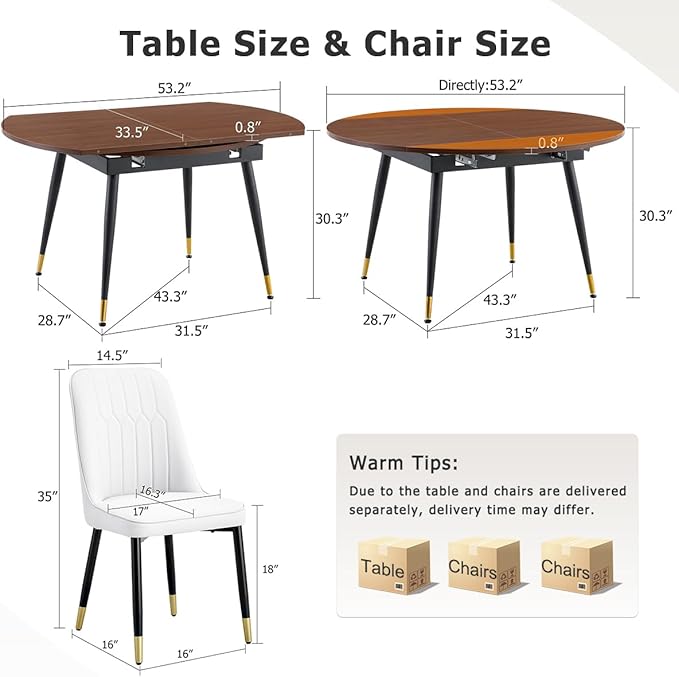 53” Round Dining Table Set for 6｜7 Piece Wood Dining Table Set｜Extendable Dining Room Table with 6 Chairs｜Walnut Wooden Tabletop with Metal Legs｜Easy Assembly｜Space Saving｜for Kitchen, Living Room