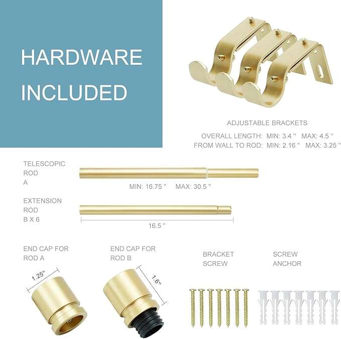 Curtain Rods for Windows 16 to 120 Inches Adjustable Length 1 Inch Diameter Window Curtain Rod with Aluminium Finials, Warm Gold