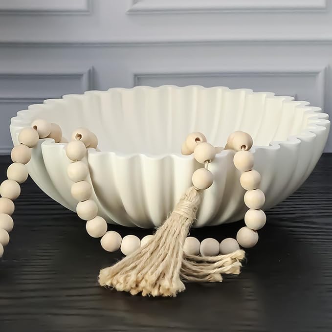 Decorative Bowl for Home Decor - White Large Decorative Fruit Bowls for Candy - Scalloped Ruffle Centerpiece key Bowl - Morden Round 10" Aesthetic Coffee Entry Table Decor With Wood Beads