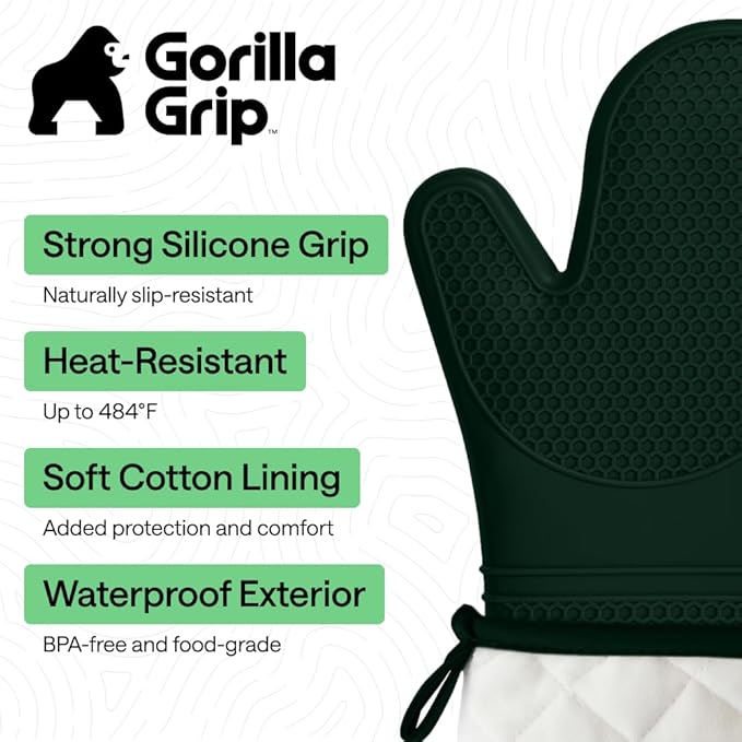 GORILLA GRIP BPA-Free Soft Silicone Oven Mitts, Heat Resistant and Waterproof Cooking Gloves, Thick Cotton Lining, Flexible Gripping for Baking Grilling, Kitchen Potholders Set, 12.5x8.3, Hunter Green