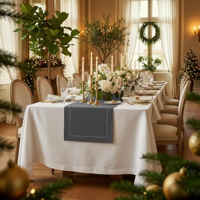 D'Moksha Homes Linen Charcoal Grey Table Runner 48 Inches - Classic Hemstitch, 100% Pure Linen Coffee Table Runner 14 x 48 Inch Ideal for Dresser Tables - Spring, Easter