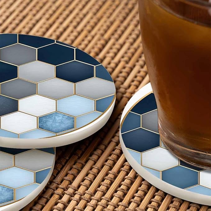 Soft Blue Gradient Cubes Drink Coasters Modern Marble Geometric Diamond Luxury Marbling Grid Housewarming Presentss for New Home Present for Friends,2 Pcs,4 X 4 X 0.35 Inches