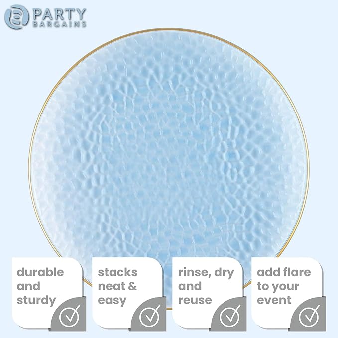 PARTY BARGAINS 13-Inch Charger Plates - 4 Pack, Hammered Blue Gold Rim, Heavy-Duty Disposable Chargers for Elegant Dining - Ideal for Weddings and Formal Events