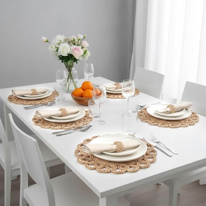 13.8" Corn Husk Woven Round Placemats Set of 8 - Wicker Boho Farmhouse Placemats - Rattan Table Mats Like Water Hyacinth for Dining Table, Wedding, Home