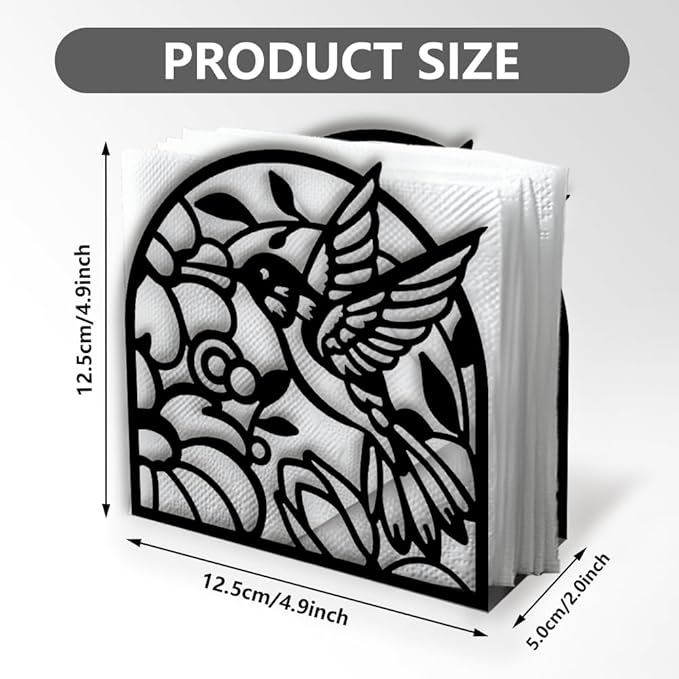 Hummingbird Decorative Black Metal Napkin Holder for Table, 4.9" x 4.9" x 2" Bird Flower Standing Napkin Holder for Home Kitchen Restaurant Picnic Party Coffee Bar Dining Room