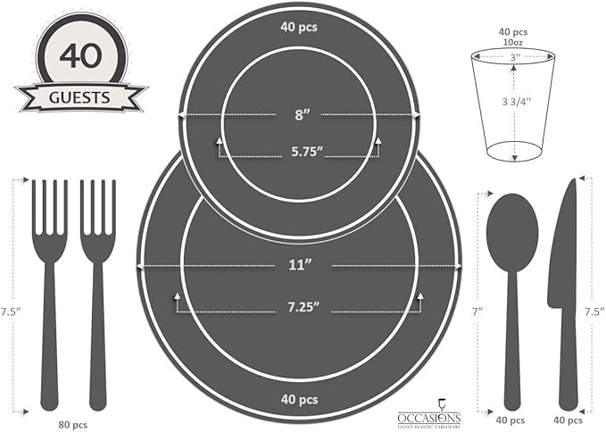 " OCCASIONS " 320pcs set (40 Guests)-Extra Heavyweight Vintage Wedding Disposable/Reusable Plastic Plates -40 x 11'' + 40 x 8.25''+Silverware+Cups+Napkins (Chateau in Pink Blush)