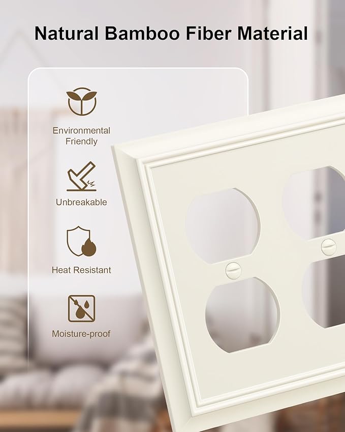 2-Pack Double Duplex Outlet Cover, Light Almond Decorative Switch Plates and Outlet Covers for Electrical Outlets, Durable Natural Bamboo Fiber Wall Plates, 2 Gang Receptacle Cover