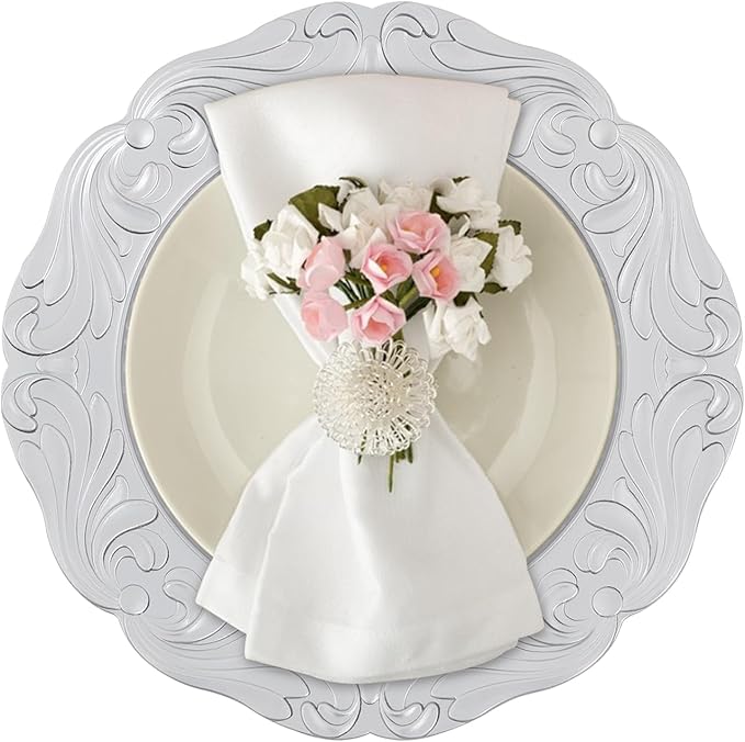 Charger Plates, 100pcs Silver 13inch Plastic Dinner Plate, Round Plastic Dinner Plate with Delicate Texture for Parties Wedding (Silver)