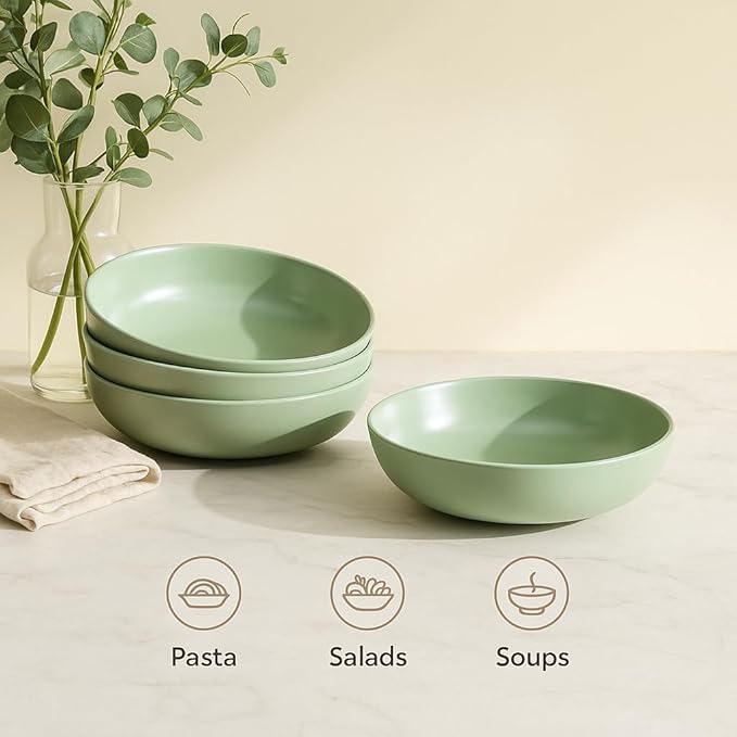 Ceramic Pasta Bowls Set of 4 – 40oz Extra Large Dinner Bowls, Deep Plates Salad Bowl for Eating, Pasta Plates, Stoneware Shallow Bowl Plate Set, Dishwasher & Microwave Safe - Green