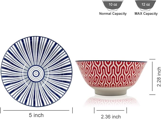 KitchenTour Ceramic Bowls Set - 10 oz Serving Bowls For Kitchen - Cereal, Ice Cream, Soup, Salad, Rice, Dessert Ceramic Bowls - Assorted Colorful Set of 6 - Microwave Dishwasher Safe - 5 Inch