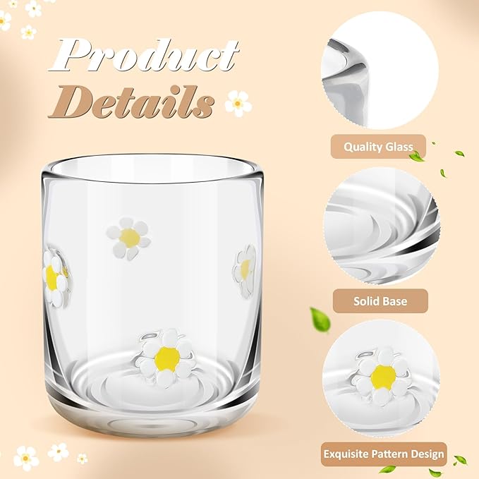 Icon Juice Glasses, 14oz Stemless Wine Drinking Juice Glass Cup for Valentine Party Supplies Gift(2 Pcs,Flower)