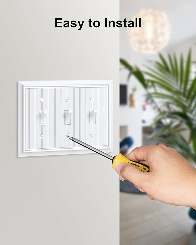 2-Pack Classic Beadboard Triple Toggle Light Switch Cover Plate, Durable Natural Bamboo Fiber Decorative Switch Plate Covers, Pure White 3 Gang Wall Plate, Corrosion Resistant