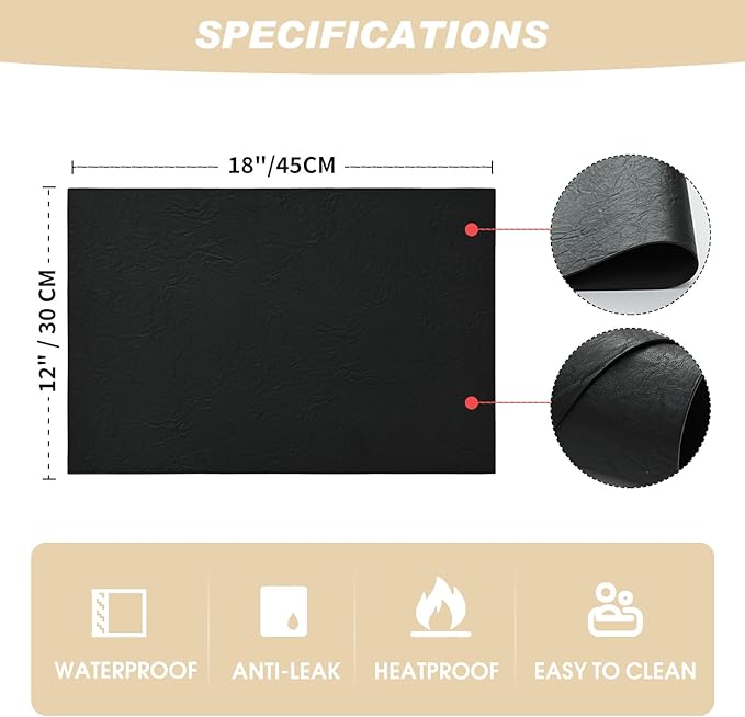 Artoid Mode Black Faux Leather Placemats Set of 4, 12x18 Inch Waterproof Wipeable Heat Resistant Vinyl Place Mats, Reversible Table Mats for Kitchen Dining Decor
