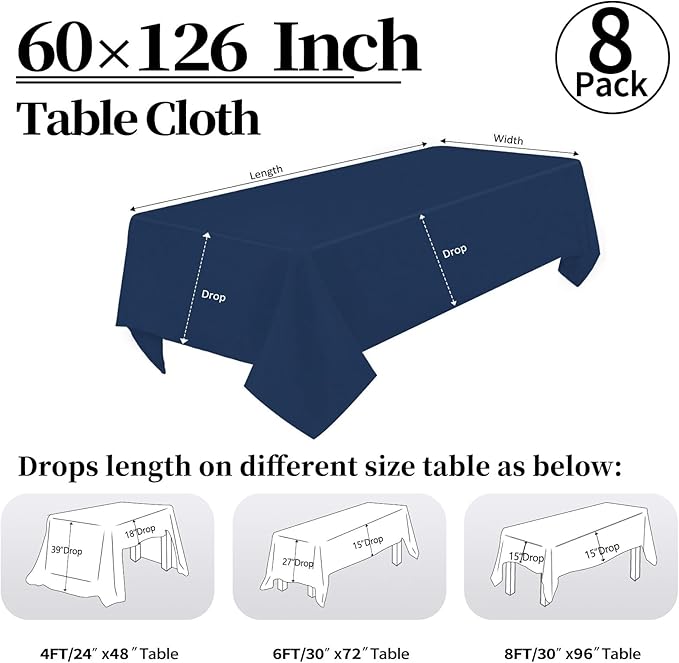 8 Pack Navy Blue Tablecloth 60 x 126 Inch Rectangular Table Cloth for 6 Foot Rectangle Tables, Wrinkle Resistant Washable Polyester Fabric Table Covers for Wedding Party Banquet Buffet and Camping