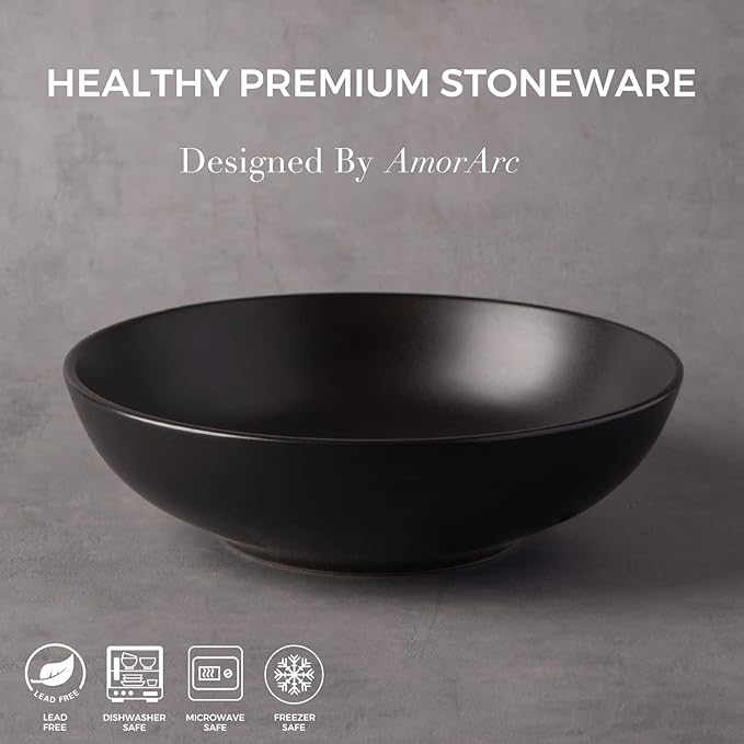 AmorArc 8.75‘’ Large Pasta Bowls, 42 ounce Deep Stoneware Bowls Set of 4 for Kitchen, Wide Bowl for Pasta/Salad/Fruit/Oatmeal/Soup, Microwave&Dishwasher Safe-Matte Black