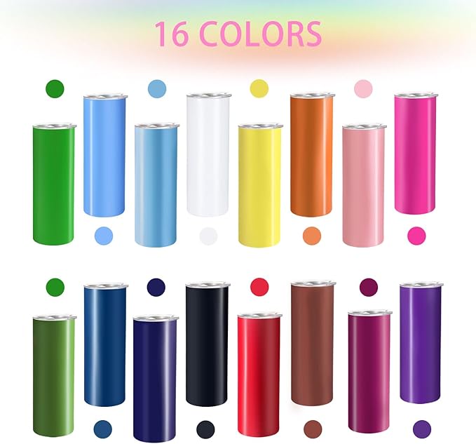 YOUKE OLA 16 Pack Skinny Tumblers 20oz Bulk Straight Stainless Steel Double Wall Vacuum Insulated Tumbler with Lid and Straw & Silicone Base for Travel, DIY, 16 Colors