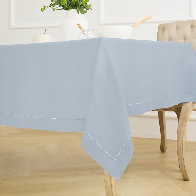 Solino Home Dusty Blue Linen Tablecloth 60 x 90 Inch - 100% Pure Linen Hemstitch Table Cloth for Rectangle Tables - Classic Hemstitch, Machine Washable Tablecloth for Winter, Spring, Easter