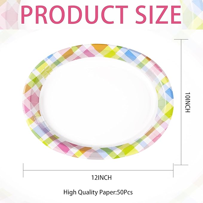 50Pcs Easter Oval Paper Plates 10" x 12" Large Disposable Heavy Duty Color Easter Buffalo Plaid Checkered Paper Platters Spring Rainbow Dessert Plates for Holiday Dinner Birthday Party Supplies