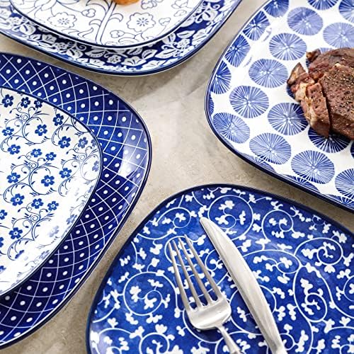 Selamica Porcelain Square Dessert Salad Pasta Plates 7.6 inches ceramic plates set of 6 microwave/dishwasher/oven safe, Vintage Blue - Image 5
