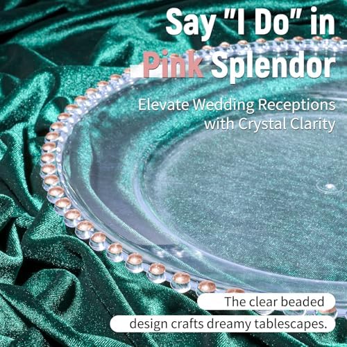 24 Pack Clear Charger Plates 13 Inch Acrylic Round Dinner Chargers with Pink Beaded Rim, Plastic Round Decorative Plates for Kitchen Wedding Party Home and Tabletop Decoration - Image 3