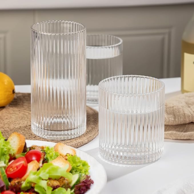 Ribbed Drinking Glasses 12pcs, 12oz and 10oz Glassware, Tumbler Glasses Cup Set for Wedding, Party, Christmas Gift, Clear