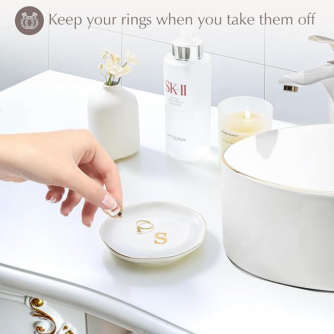 ProCase Ceramic Jewelry Tray, Initial Ring Dish Trinket Plate Engagement Gift, Small Personalized Monogram Ring Bowl for Wedding, White Decorative Jewelry Holder for Women Vanity -Letter S