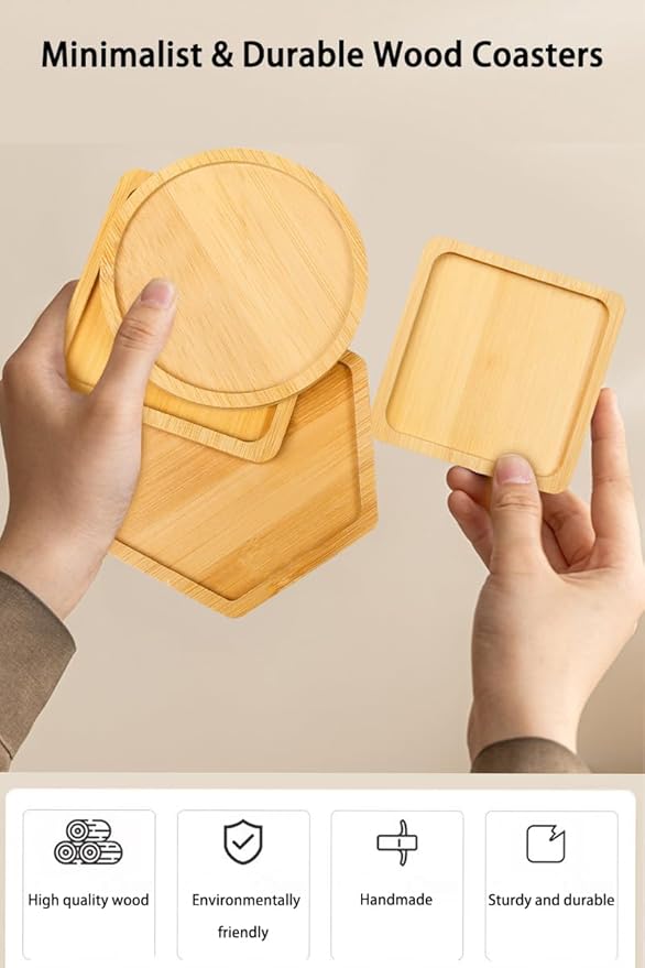 Wood Coasters Set of 4 - Handcrafted Drink Coaster Thick Heat-Resistant for Office, Bar, Farmhouse - Natural Bamboo Drink Cup Coasters for Table Protection (Flower)