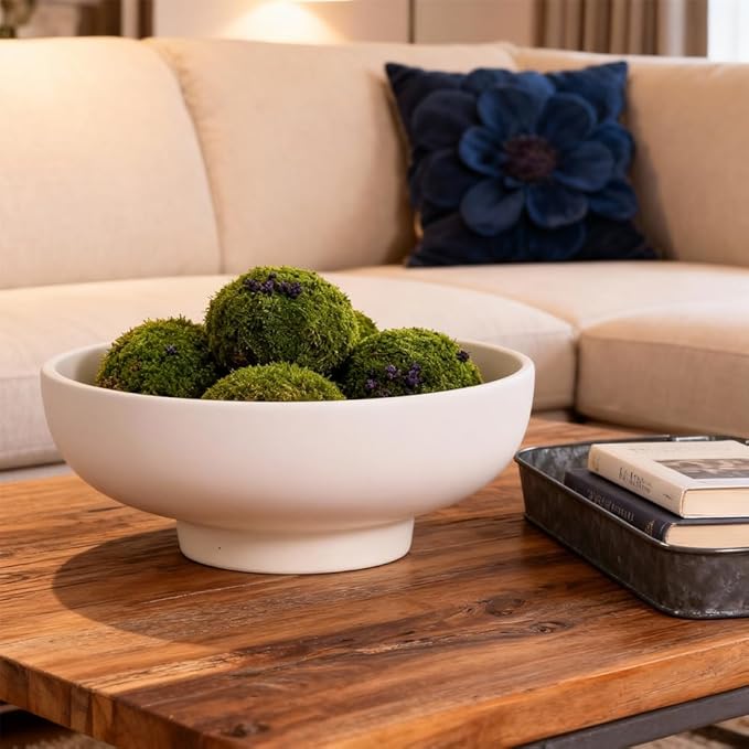 Matte White Pedestal Bowl 10.8in, Food Safe Resin Fruit Holder, Modern Decorative Centerpiece Dish for Coffee Table Dining Table, Entryway Key Catchall, Minimalist Farmhouse Decor
