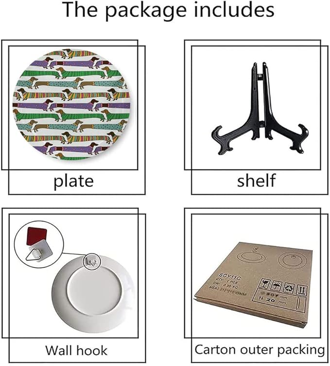 Ceramic Display Plate, Dog Lover Ceramic Hanging Decorative Plate, Cartoon Style Dachshunds Dressed in Pyjamas Chevron, 10 Inch, Living Room Kitchen Decoration Household, Multicolor