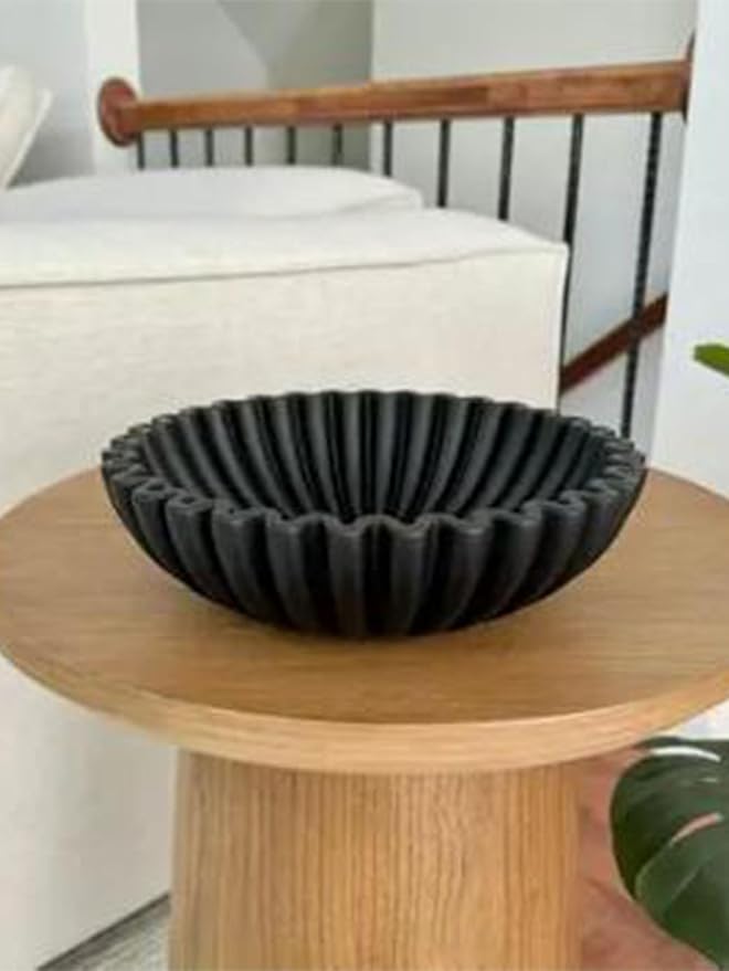 Large Decorative Bowl - 7.9in x 2.6in - White Decorative Bowls for Home Decor - Ruffle Decor - Fluted Bowl - Scalloped Bowl-Stylish Key for Entry Table(Black)