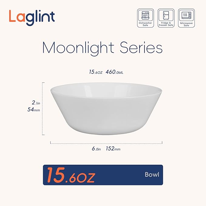16OZ White Opal Glass Cereal and Soup Bowl Set of 4, 6 inch Dishwasher & Microwave Safe Round Bowls for Salad and Rice