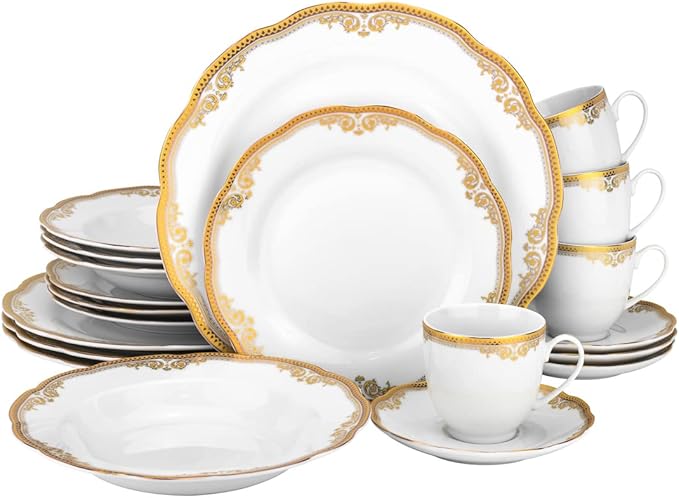 Euro Porcelain 57 piece Banquet Dinnerware Set with Scalloped Edges - Luxury Tableware Dining Service for 8