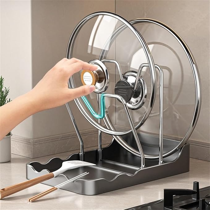 Kitchen Pot Lid Storage Rack, Pot Lid Organizer,Pot Lid Holder with Removable Drip Tray,Stainless Steel Bracket,Detachable design,Suitable for Placing pot Lids, Spoons, Cutting Boards, etc (Gray)