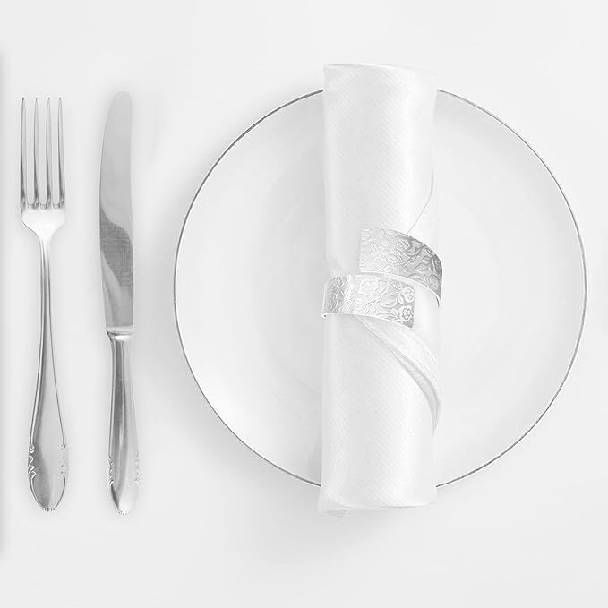 Napkin Rings Set of 12, Irregular-Shaped Metal Napkin Holders with Rose Patterns for Wedding Dining, Holiday Table Decor, Perfect for Home Chefs & Party Planners（Silver）