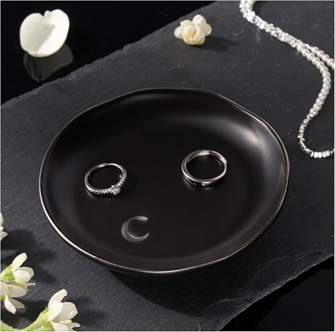 Lolalet Handmade Ceramic Ring Dish Jewelry Tray Plate with Initial, Small Monogram Gift for Her Women Girls Mother, Hostess, Engagement, Bridal Shower, Maid of Honor, Bridesmaid, Birthday, Christmas