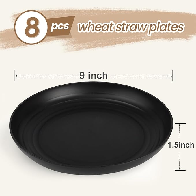 Wheat Straw Plates 9 Inch, Unbreakable Plastic Plates Reusable, Dinner Plates Set of 8, Lightweight Kitchen Plate, Dishwasher & Microwave Safe Plate for Outdoor, Camping, Picnic(Black, Grey)