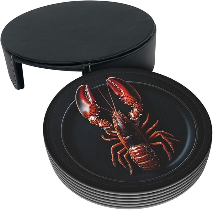 Lobster on a Plate Printed Leather Coasters for Drinks, Set of 6 Drink Coaster Dining Room Decor Cup Coasters