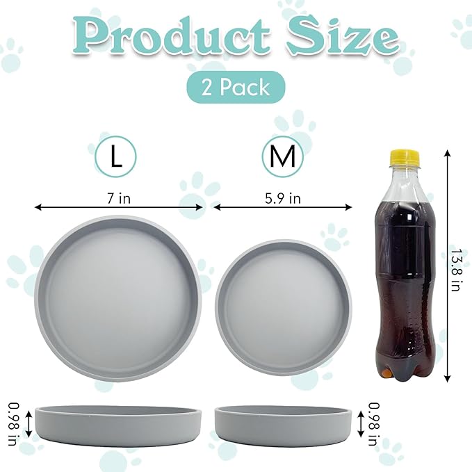 Silicone Cat Food Bowls Shallow Cat Dishes 5.9in Wide Pet Plates Set of 2 Small Flat Dog Saucer Bowl Cute Whisker Fatigue Kitten Feeding Dish for Dry & Wet Food (Round Grey)