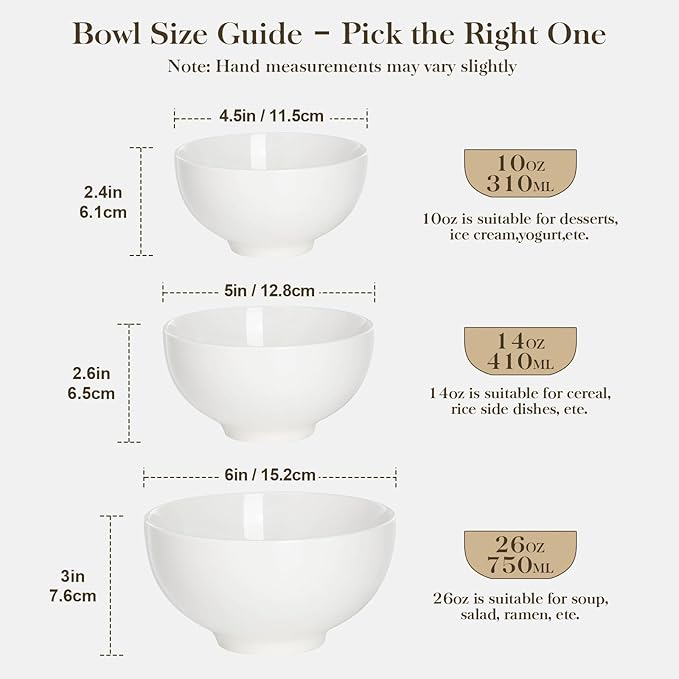 MALACASA 26 oz Porcelain Soup Bowls, White Ceramic Cereal Bowls for Kitchen 6 inch Bowls Set of 6 for Oatmeal Salad Fruit Rice Dishwasher and Microwave Safe, Series Regular