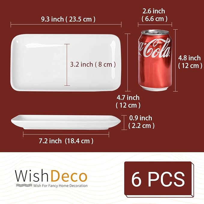 Small Rectangle Plates Set of 6, White Serving Platters 9 inch, Ceramic Sushi Plates, Serving Plate for Appetizer, Dessert, Party, Microwave Safe